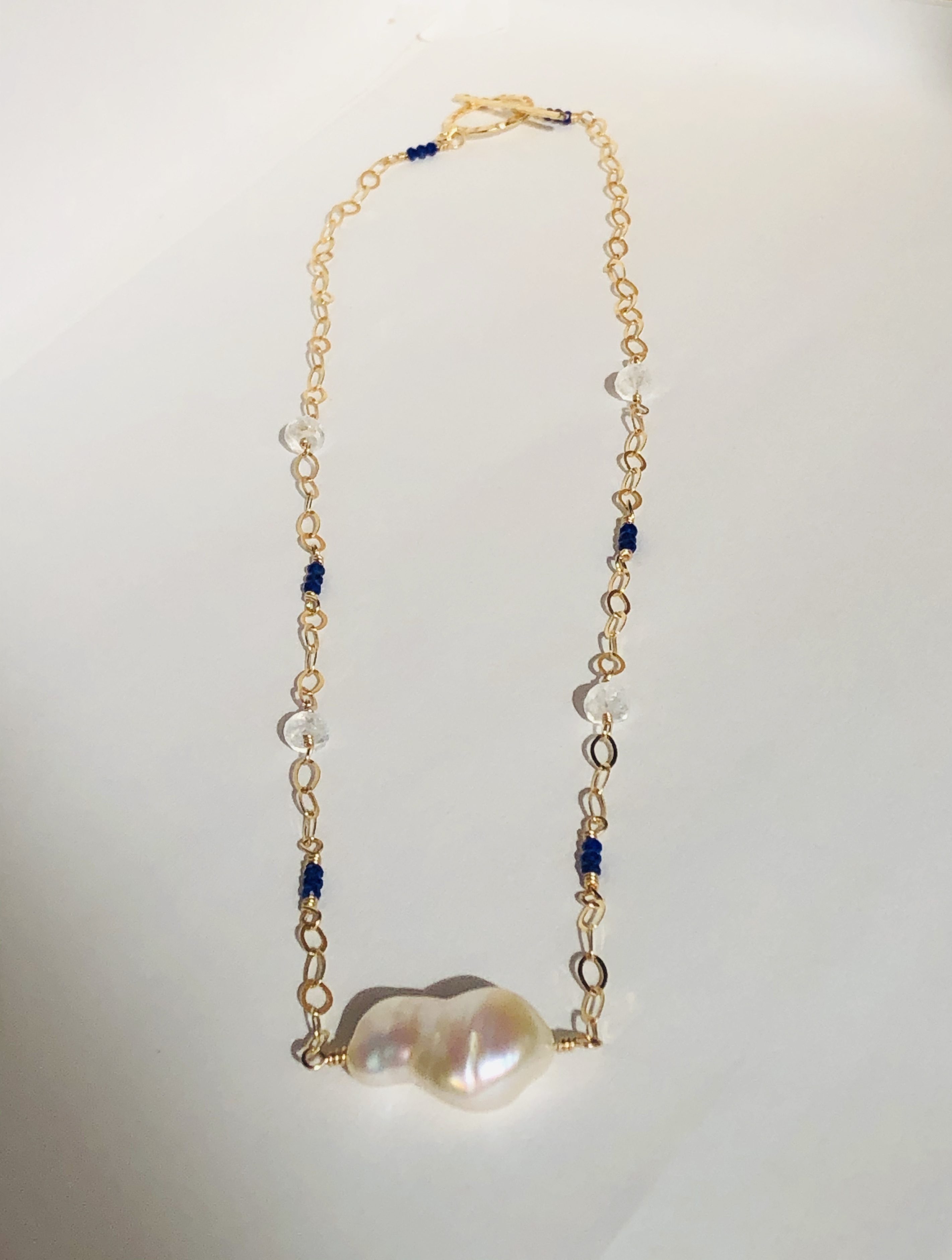 SHORT BAROQUE PEARLS WITH LAPIS AND MOONSTONE NECKLACE - Facets of Ritual